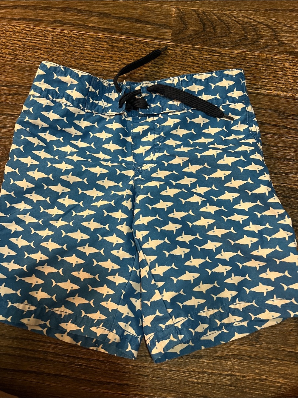 Janie and Jack Blue and White Shark-Print Men’s Swim Shorts
